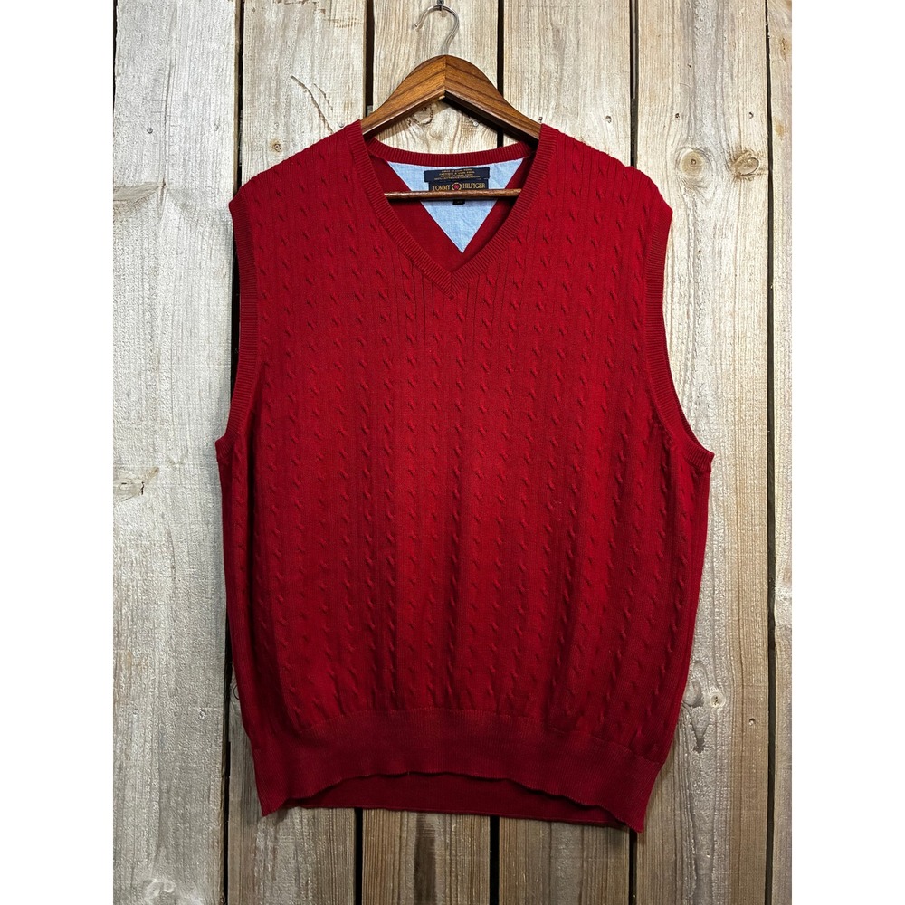 Tommy Hilfiger Golf Mens Red Cable Knit V-Neck Cotton Sweater Vest Large